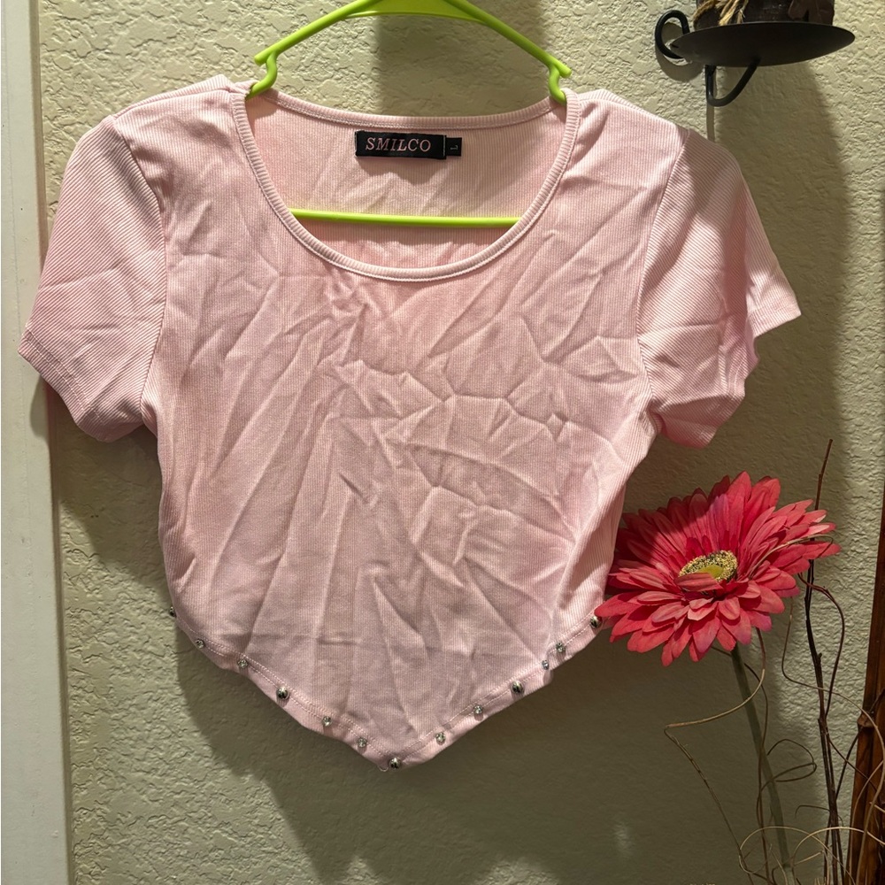 Pink Studded Point-Hem Crop Top